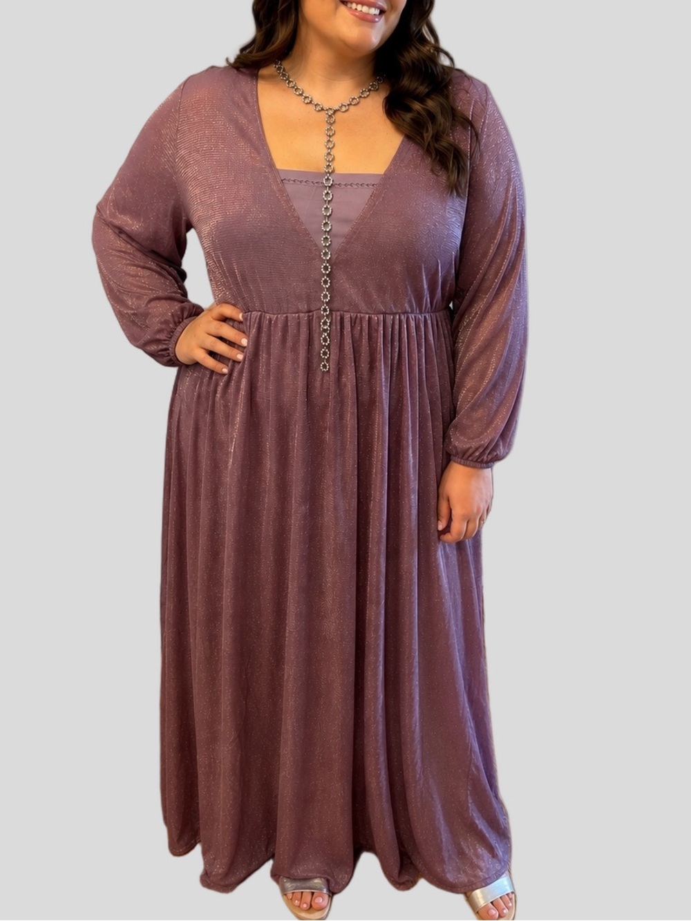 NWOT SHEIN Mauve Shimmer V-Neck Maxi Dress Sheer Long Sleeves Reinessamce 2X